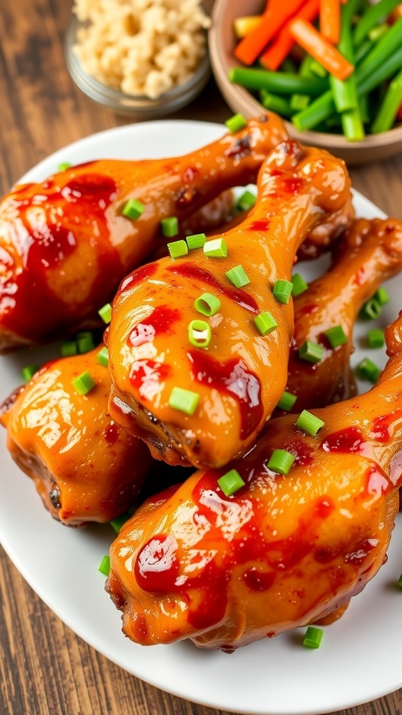 Golden-brown five spice chicken drumsticks garnished with green onions on a plate with rice and vegetables.